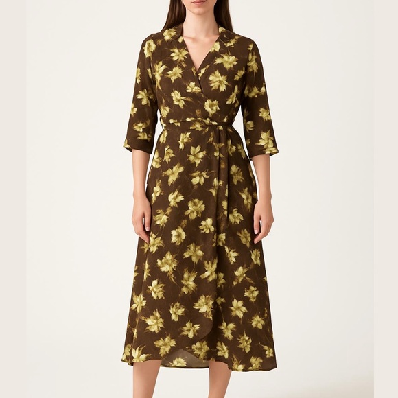 MELLODAY Dresses & Skirts - MELLODAY Brown Floral Collared Button Down Midi Dress NEW